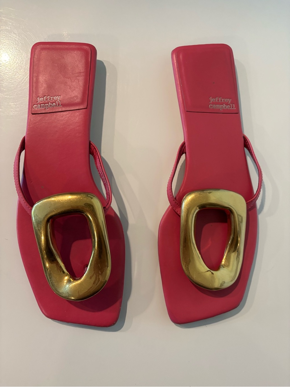 Jeffrey Campbell Pink Slide Sandals with Gold Sculptural Buckle